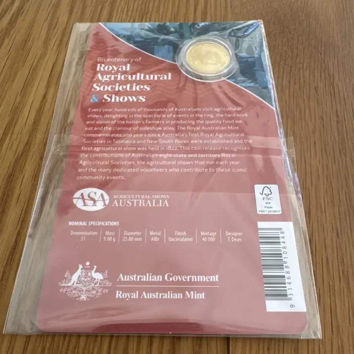 2022 Uncirculated Coloured $1 Coin. Bicentenary of Royal Agricultural Societies
