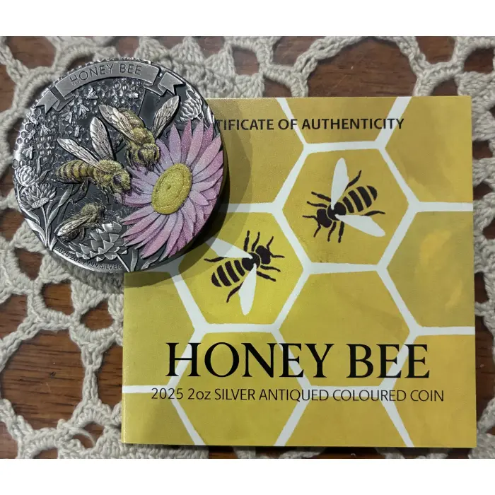 2025 HONEY BEE 2oz SILVER ANTIQUED $2 COLOURED COIN 