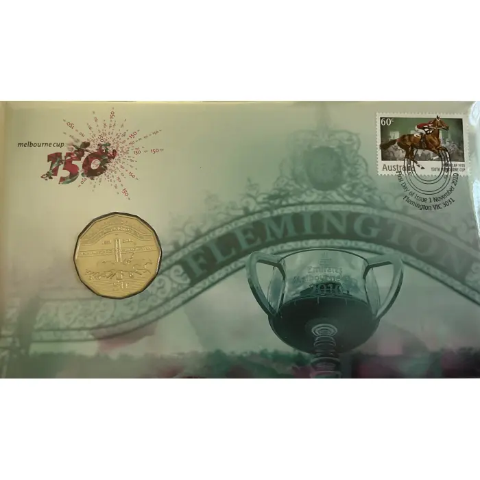 2010 150 YEARS MELBOURNE CUP PNC 50C COIN & STAMP COVER