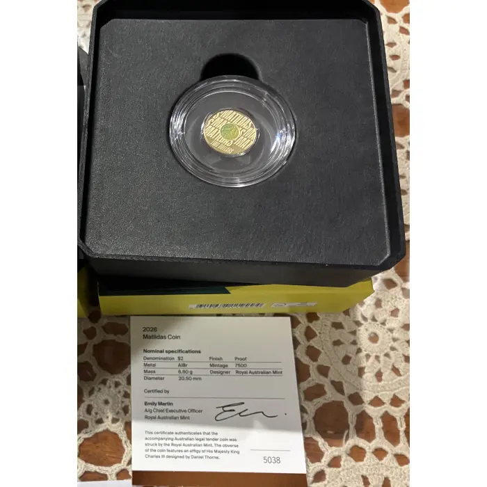2026 MATILDAS $2  COLOURED PROOF & $2 COLOURED UNCIRC CARDED COIN COA # 5038 
