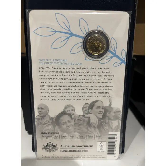 2022 75th Anniversary of Peacekeeping C Mintmark $2 UNC Coloured Coin On Card
