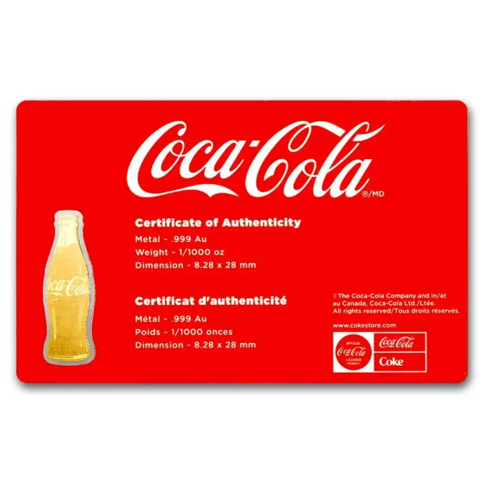 Coca-Cola 1/1000oz Gold Shaped Bottle Collectible in Display Card