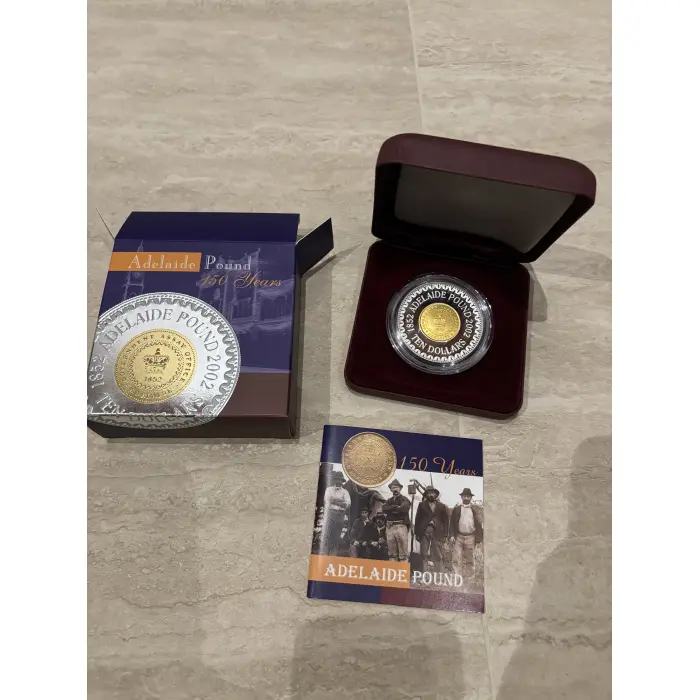 2002 Adelaide Pound 150 Years $10 Coin - Fine Silver and Gold Plated