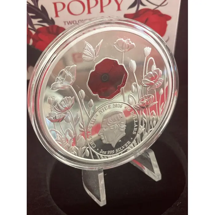2026 2oz Fine Silver Proof Red Poppy Window Coin Nuie $5 **400 Mintage