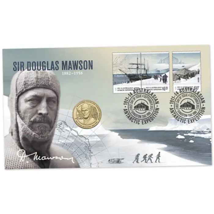2012 UNC $1 COIN - SIR DOUGLAS MAWSON WITH $1.20 & 60 CENT STAMPS PNC