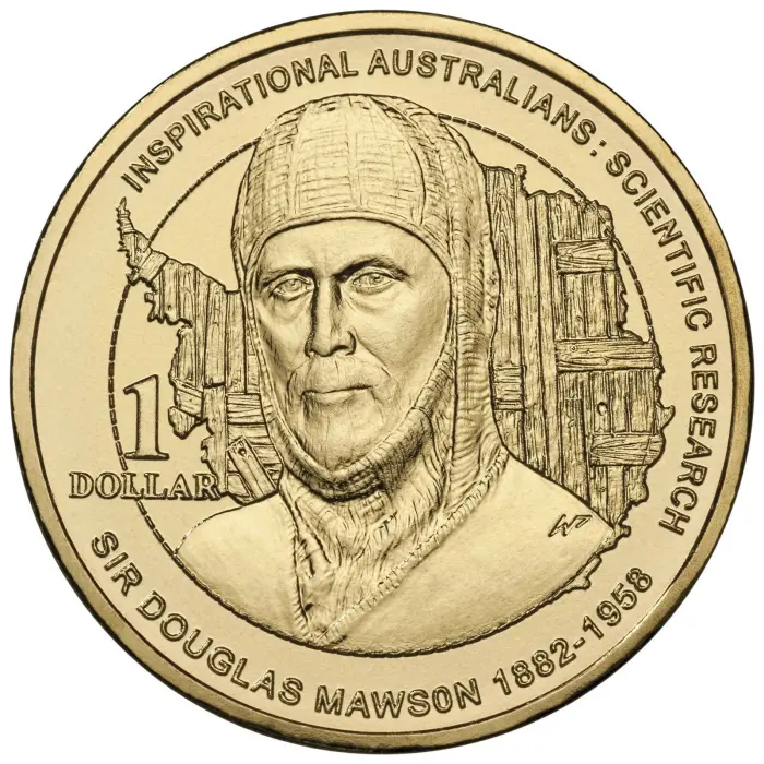 2012 UNC $1 COIN - SIR DOUGLAS MAWSON WITH $1.20 & 60 CENT STAMPS PNC