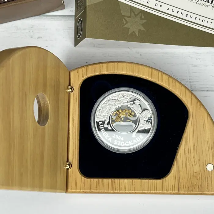 2004 Eureka Stockade Silver Locket coin with gold nuggets