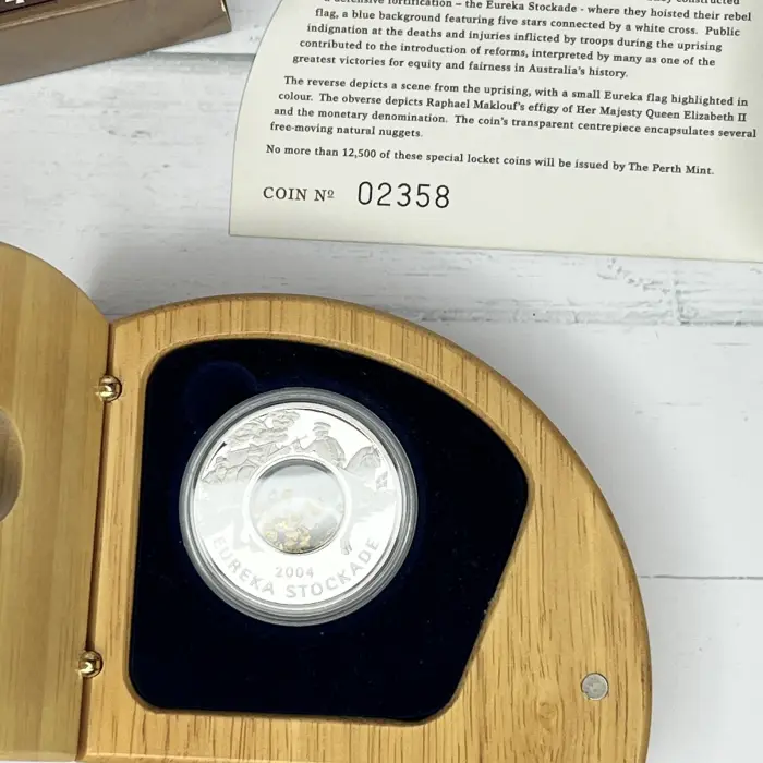2004 Eureka Stockade Silver Locket coin with gold nuggets
