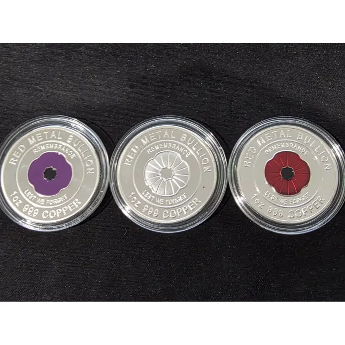 3 x 1oz silver plated coppers red poppy, purple poppy, plain poppy remembrance