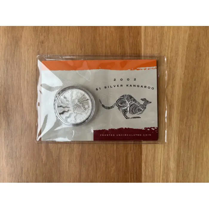 2002 $1 Silver Kangaroo Coin - In original plastic slip and cardboard display. 