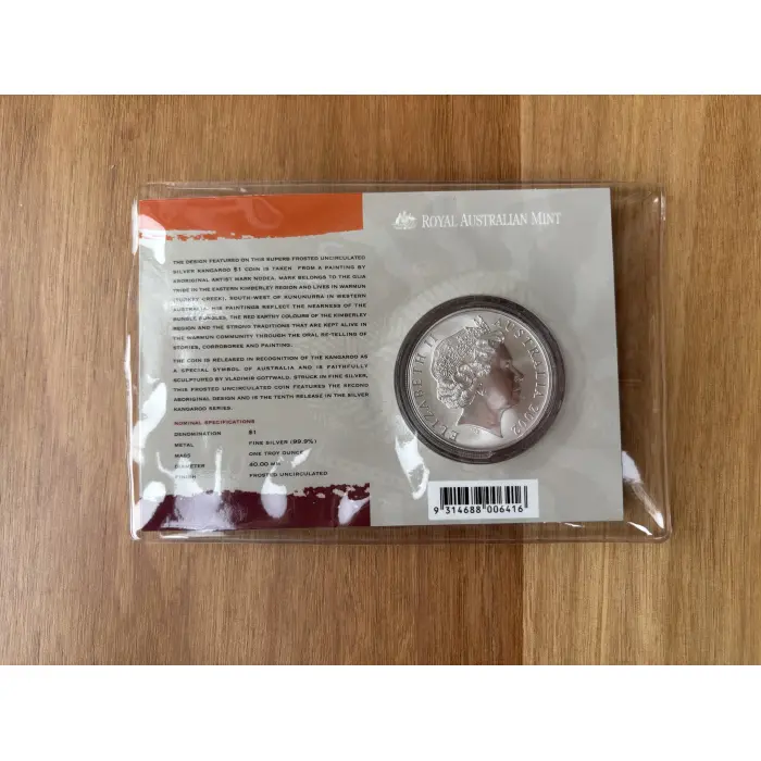 2002 $1 Silver Kangaroo Coin - In original plastic slip and cardboard display. 