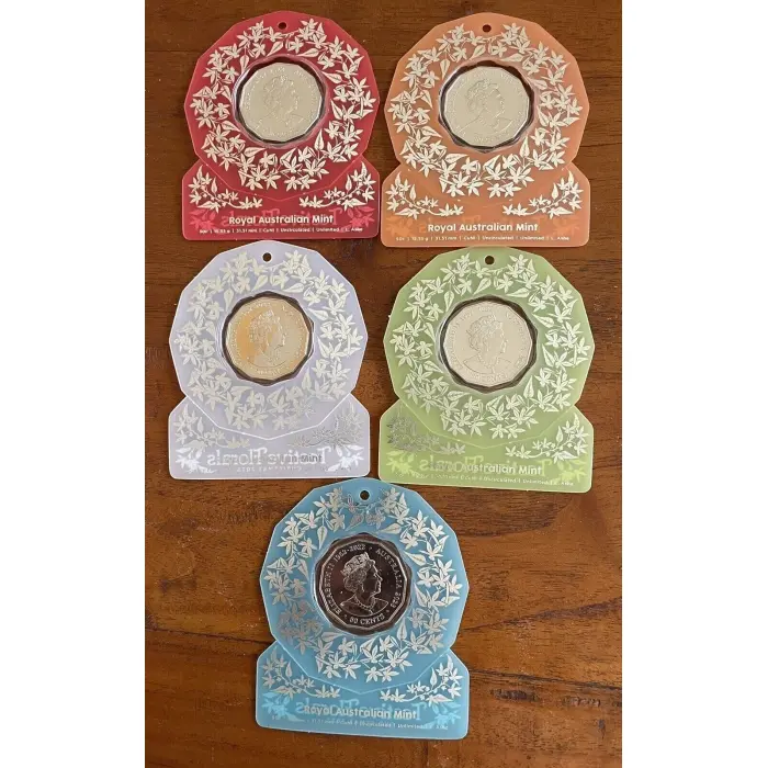 SET of 5 Festive Florals - Coloured Uncirculated 50c CuNi Coloured Uncirculated Coin 2023 - Christmas Decoration