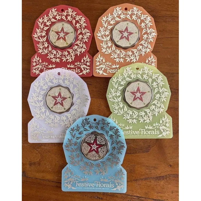 SET of 5 Festive Florals - Coloured Uncirculated 50c CuNi Coloured Uncirculated Coin 2023 - Christmas Decoration