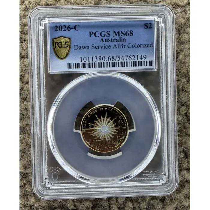 2026 $2 Dawn Service C Mintmark Coloured Coin PCGS MS68