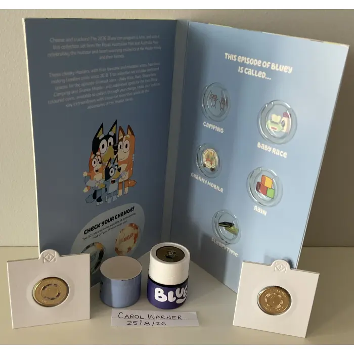 2026 $2 BLUEY FOLDER - 5 COINS INCLUDING COLOURED SLEEPYTIME + 2 UNC TILL COINS