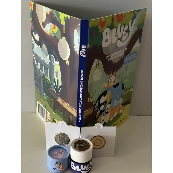 2026 $2 BLUEY FOLDER - 5 COINS INCLUDING COLOURED SLEEPYTIME + 2 UNC TILL COINS