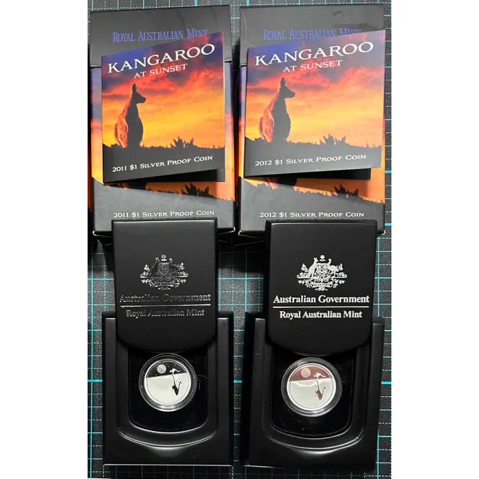 2011 & 2012 $1 Silver Proof Kangaroo at Sunset