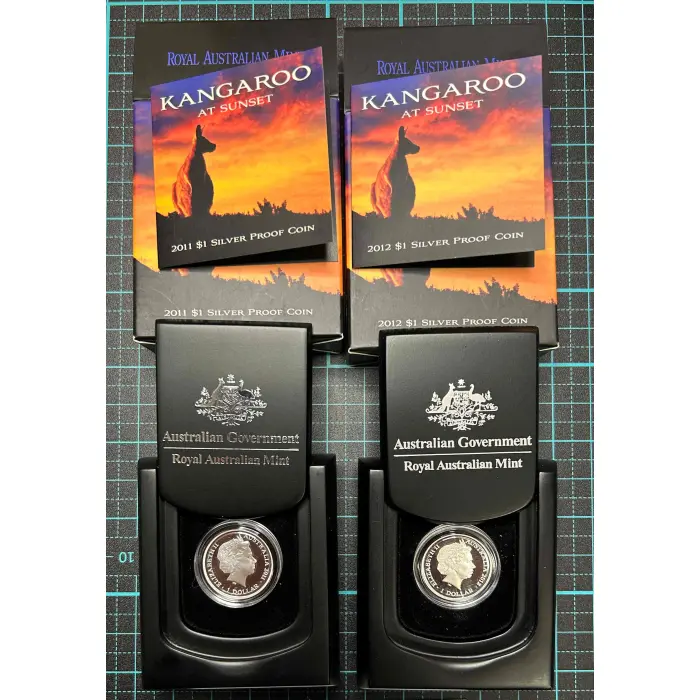 2011 & 2012 $1 Silver Proof Kangaroo at Sunset