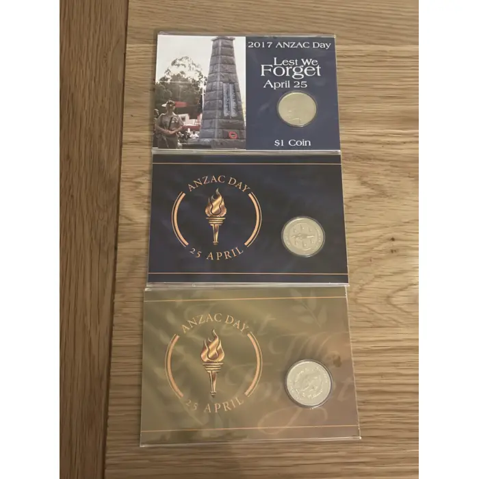 AUSTRALIAN: 2017 & 2021 & 2025 $1 ANZAC DAY LEST WE FORGET APRIL 25 COIN ON CARD