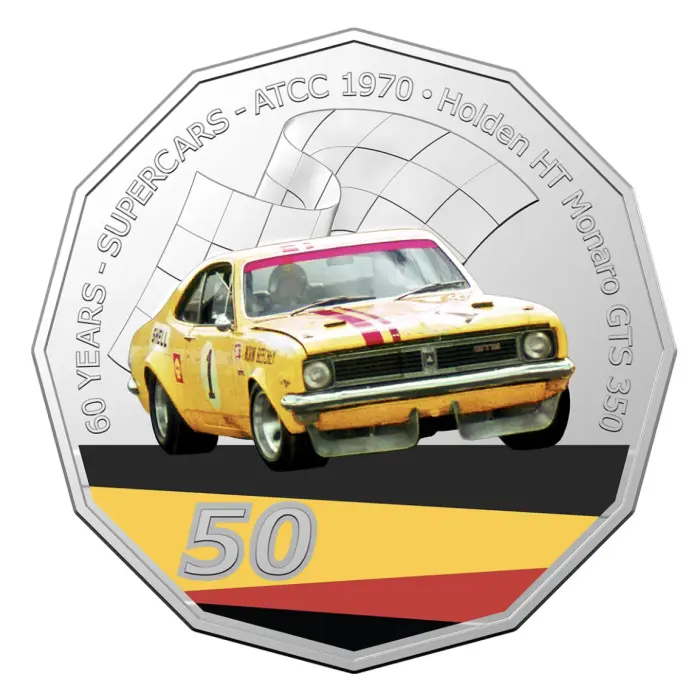2020 50c 60 Years of Supercars - 1970 Holden HT Monaro GTS 350 - Norm Beechy Presentation Card