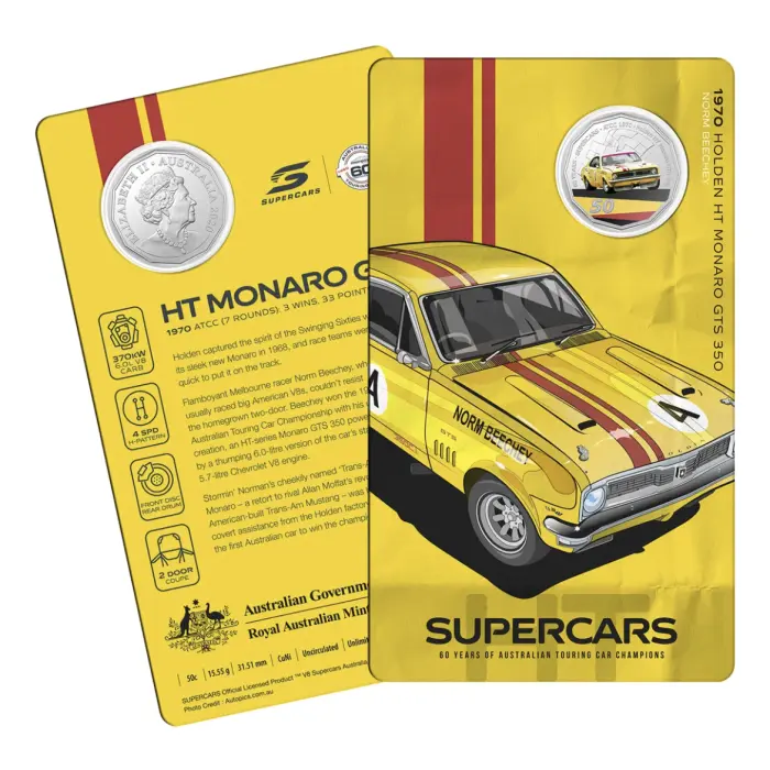 2020 50c 60 Years of Supercars - 1970 Holden HT Monaro GTS 350 - Norm Beechy Presentation Card