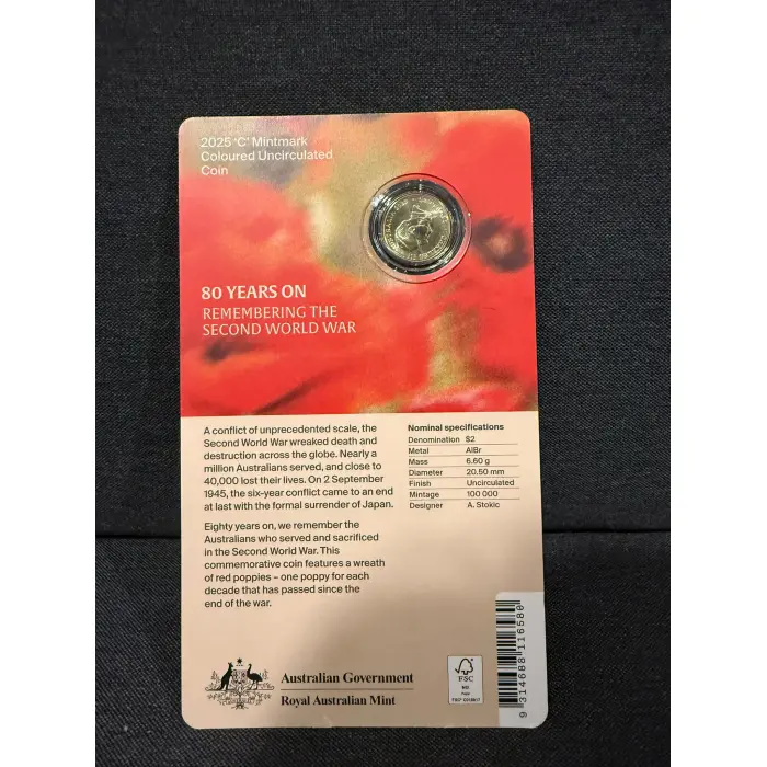 2025 Poppy Wreath 80th Anniversary WWII 'C' Mintmark $2 Coloured Coin in Card
