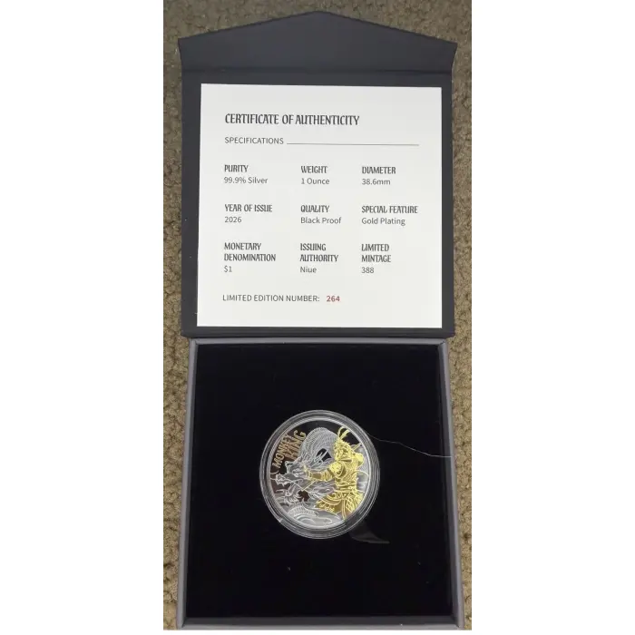 2026 Niue $1 Monkey King Gold-Plated 1oz Silver Black Proof Coin – Mintage 388