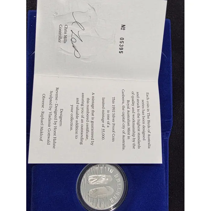 1992 Birds Of Australia $10 silver proof coin "Emperor Penguin"