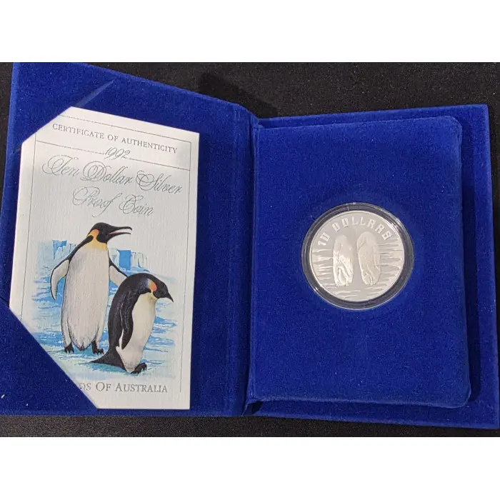 1992 Birds Of Australia $10 silver proof coin "Emperor Penguin"