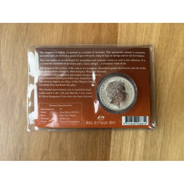 2004 $1 Kangaroo Coin in Silver - In original plastic sleeve and cardboard 