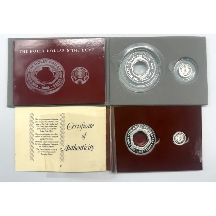 1988 and 1989 Holey Dollar and Dump silver 1 and 1/4oz silver sets
