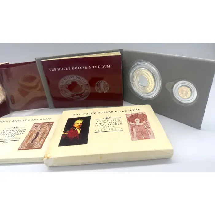 1988 and 1989 Holey Dollar and Dump silver 1 and 1/4oz silver sets