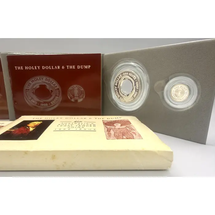 1988 and 1989 Holey Dollar and Dump silver 1 and 1/4oz silver sets