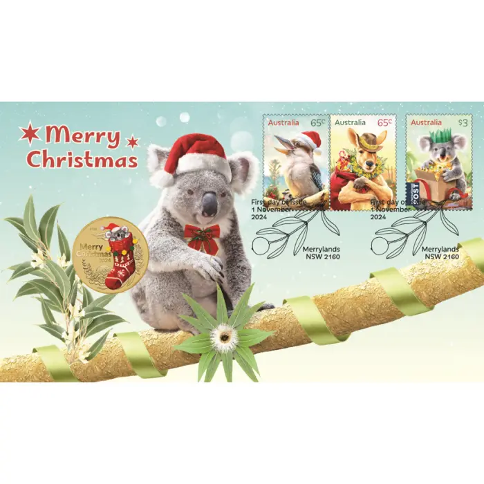 2024 MERRY CHRISTMAS KOALA $1 STAMP & COIN COVER PNC – PERTH MINT