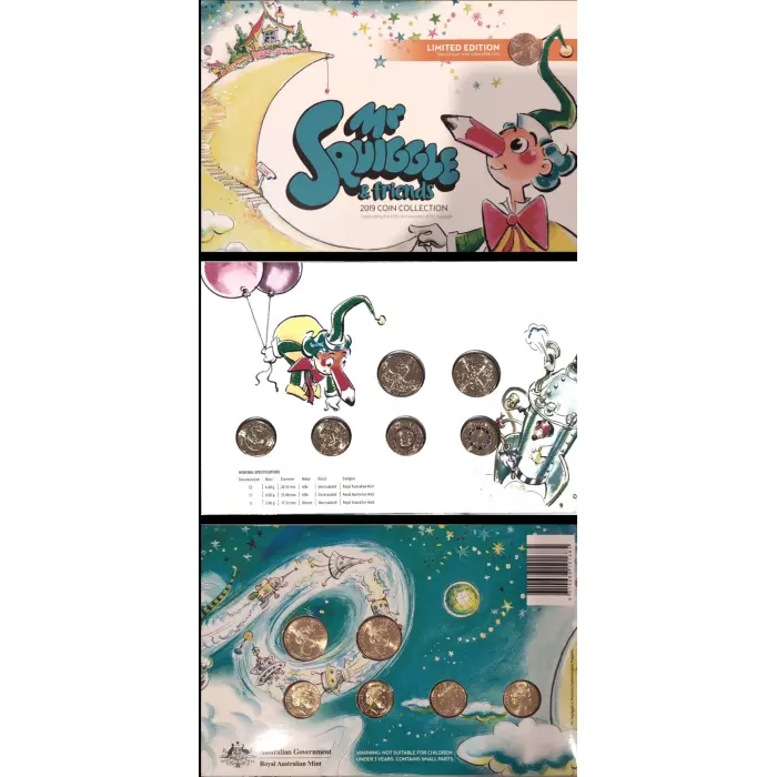2019 MR SQUIGGLE COIN COLLECTION SET OF 7 $1 & $2 UNC COINS & 1 CENT COIN RAM