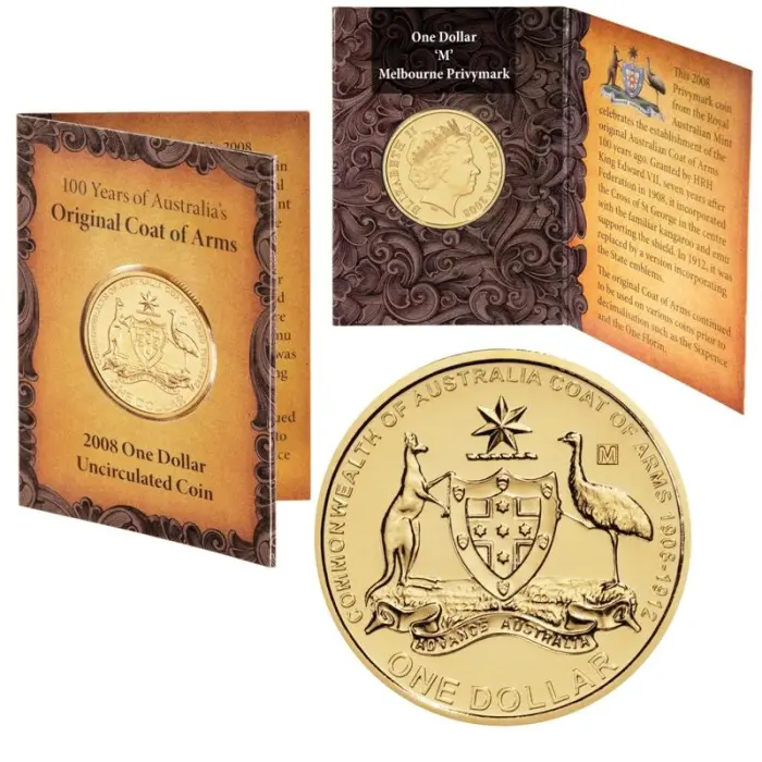 2008 Coat of Arms $1 'M' Melbourne Privymark Uncirculated Coin