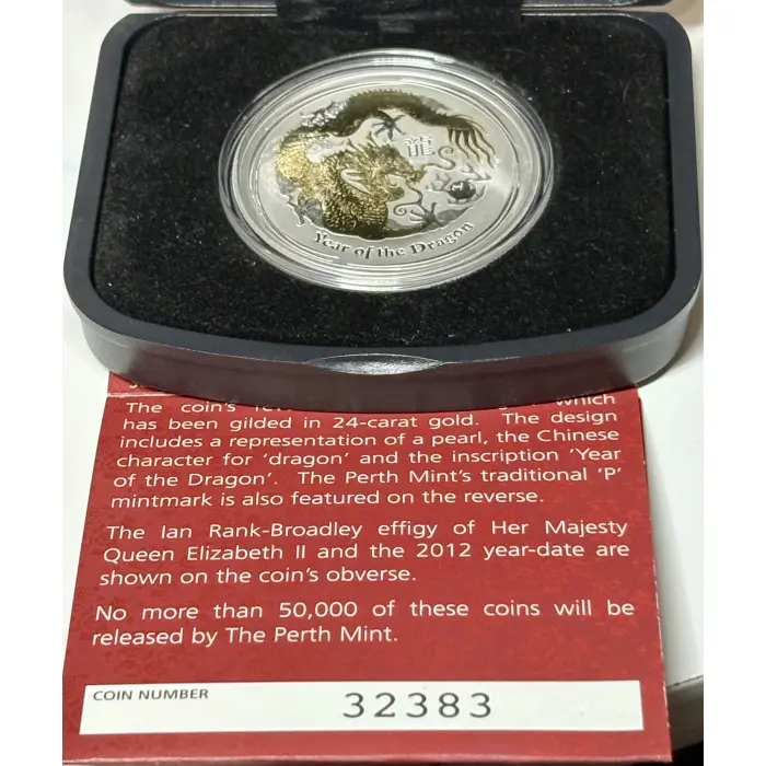 2012 Gilded Dragon Lunar Series II  Year of the Dragon,  1oz Silver Perth Mint
