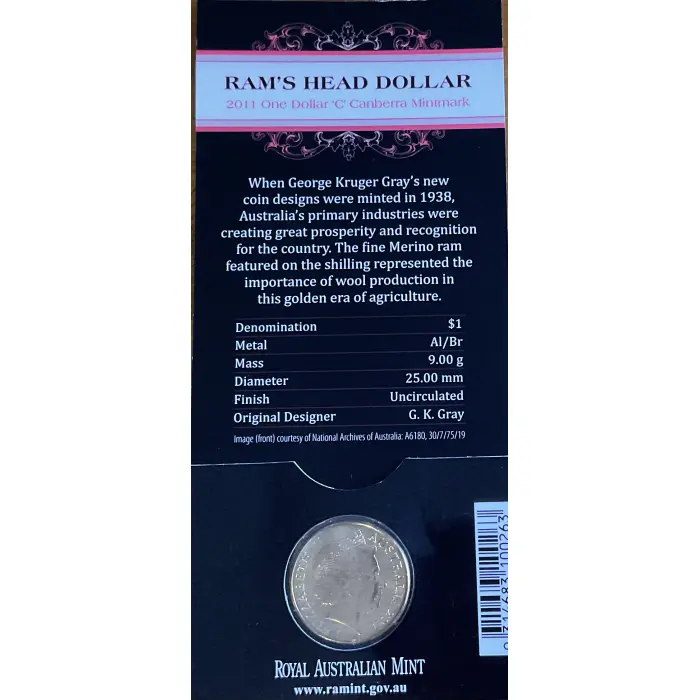 2011 RAM’S HEAD ‘C’ MINTMARK $1 CARDED COIN