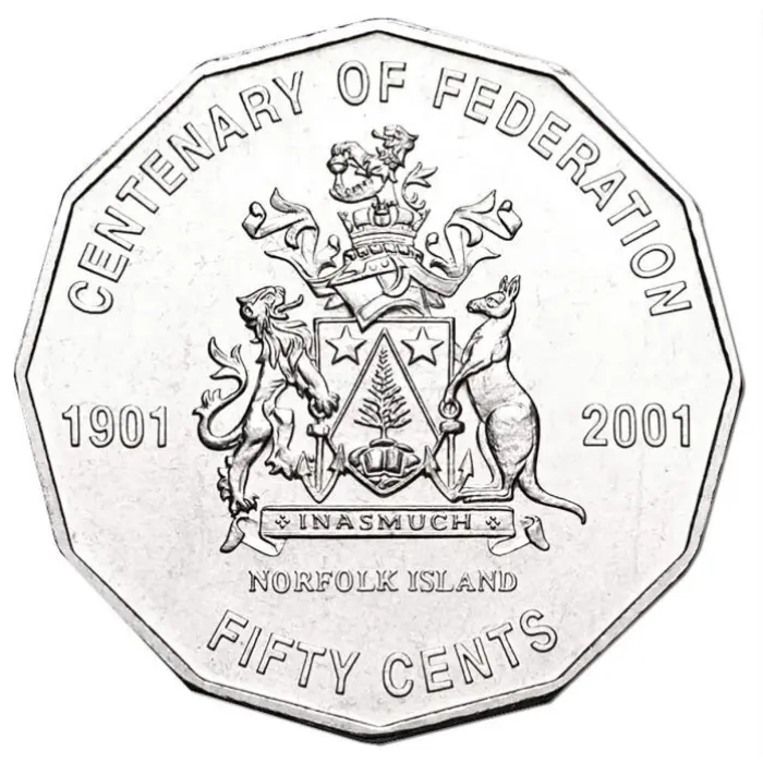 2001 50c Fifty Cent Coin Centenary Of Federation NORFOLK ISLAND CIRCULATED (2.2m)