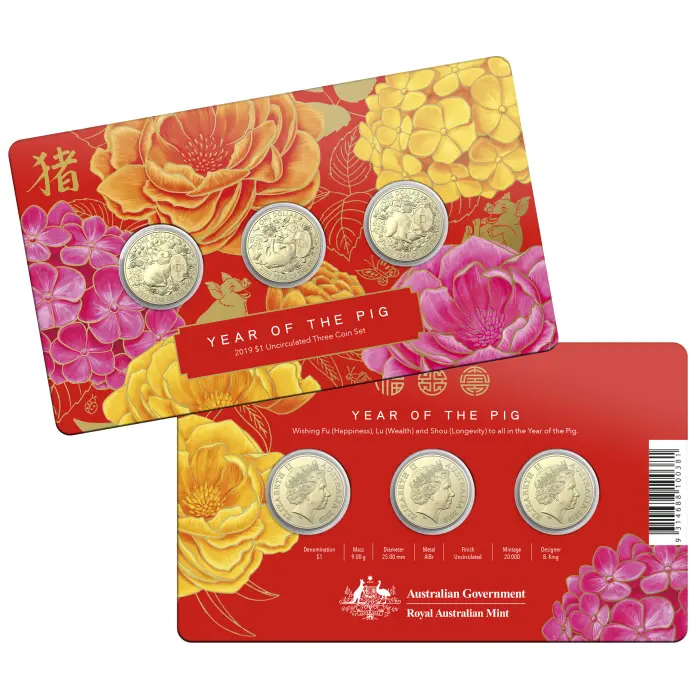 2019 YEAR OF THE PIG $1 UNCIRCULATED THREE COIN SET