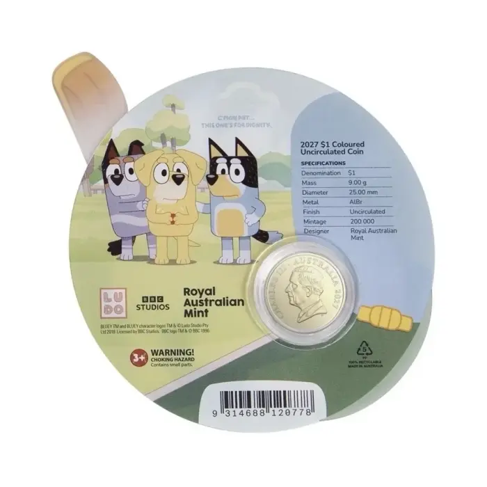 2027 $1 Bluey Cricket Coloured Uncirculated Coin Carded