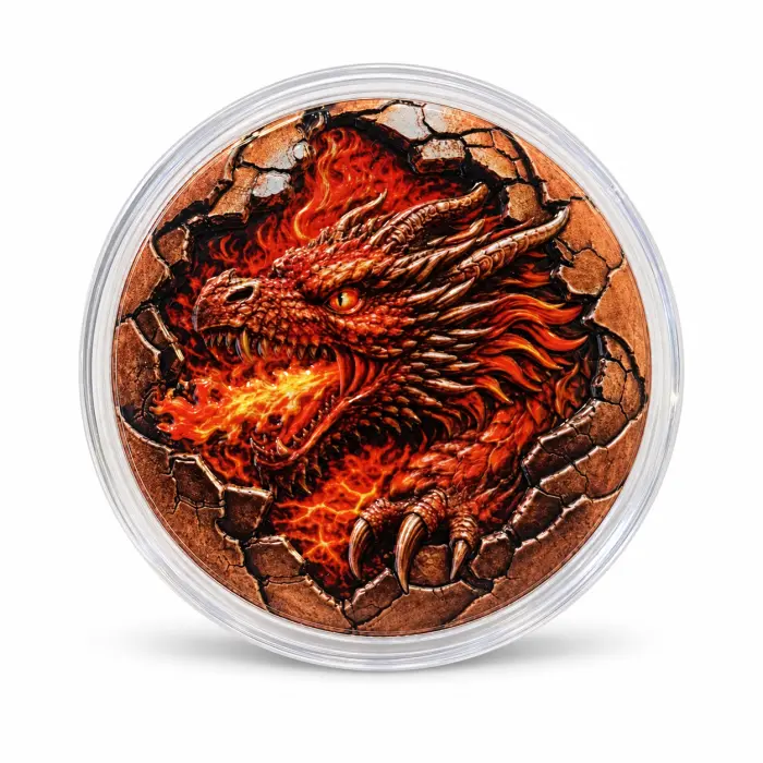 2026 Red Fire Dragon 5 Oz .999 Fine Copper Colourised Art Round In Capsule