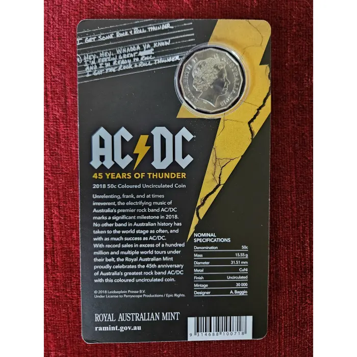 ⚡️ 2018 50c 45th Anniversary of AC/DC Carded Colour Unc Coin Mintage 30,000 ACDC