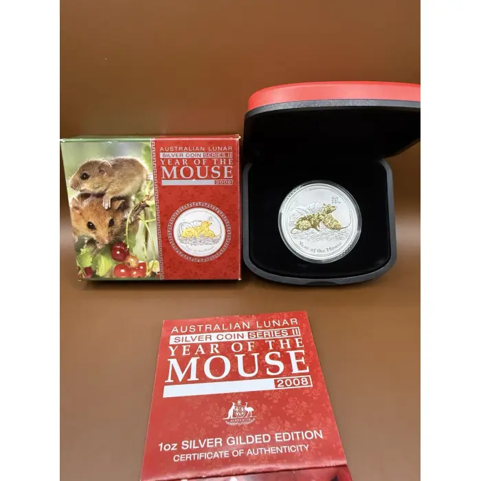2008 Australia Lunar II Year of MOUSE 1oz Silver Gilded Coin