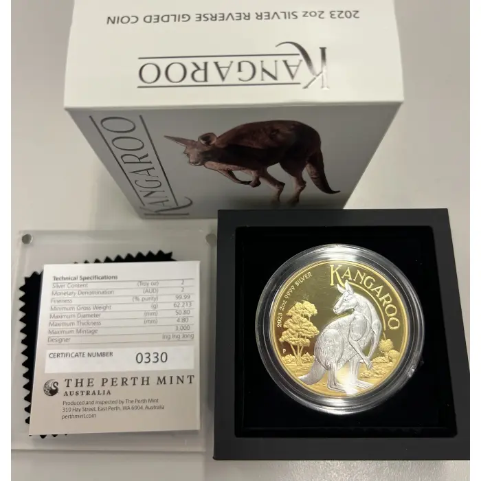 The Perth Mint 2023 Australian Kangaroo 2oz 0.9999 Silver Proof Reverse Gilded
