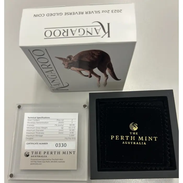 The Perth Mint 2023 Australian Kangaroo 2oz 0.9999 Silver Proof Reverse Gilded