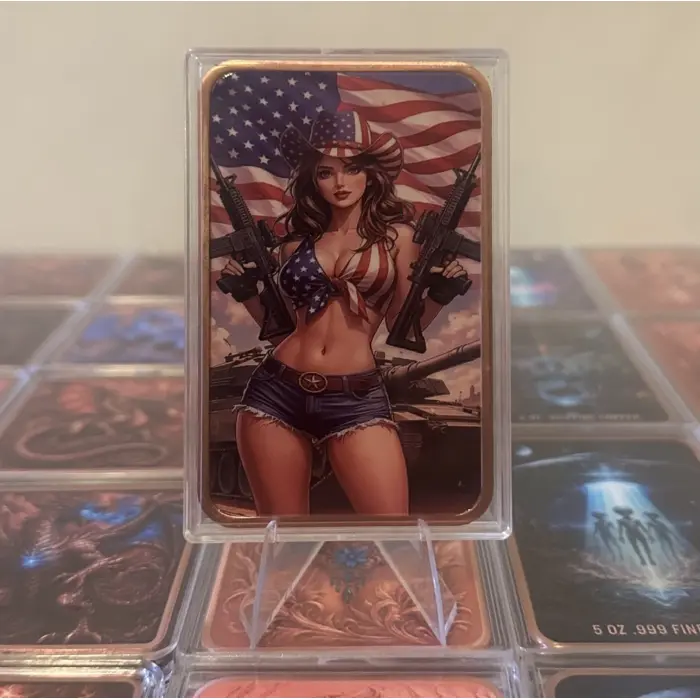2026 USA Patriot Cowgirl AR15 5Oz Colourised .999 Fine Copper Art Bar In Capsule