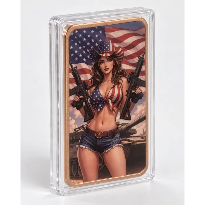 2026 USA Patriot Cowgirl AR15 5Oz Colourised .999 Fine Copper Art Bar In Capsule