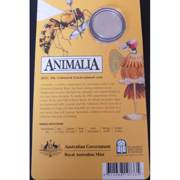 Animalia 2021 20c Coloured Uncirculated coin in card RAM