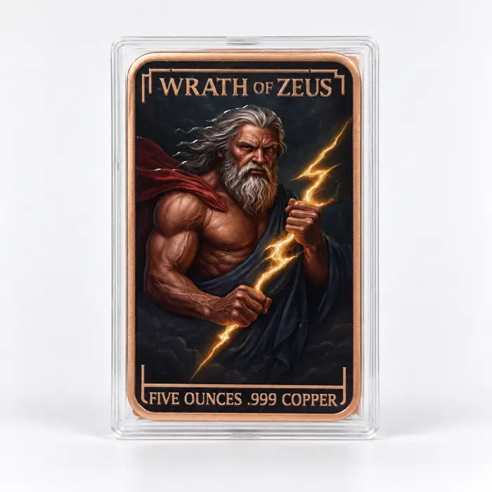 2026 Wrath of Zeus Power of Gods 5 Oz .999 Copper Colourised Art Bar In Capsule